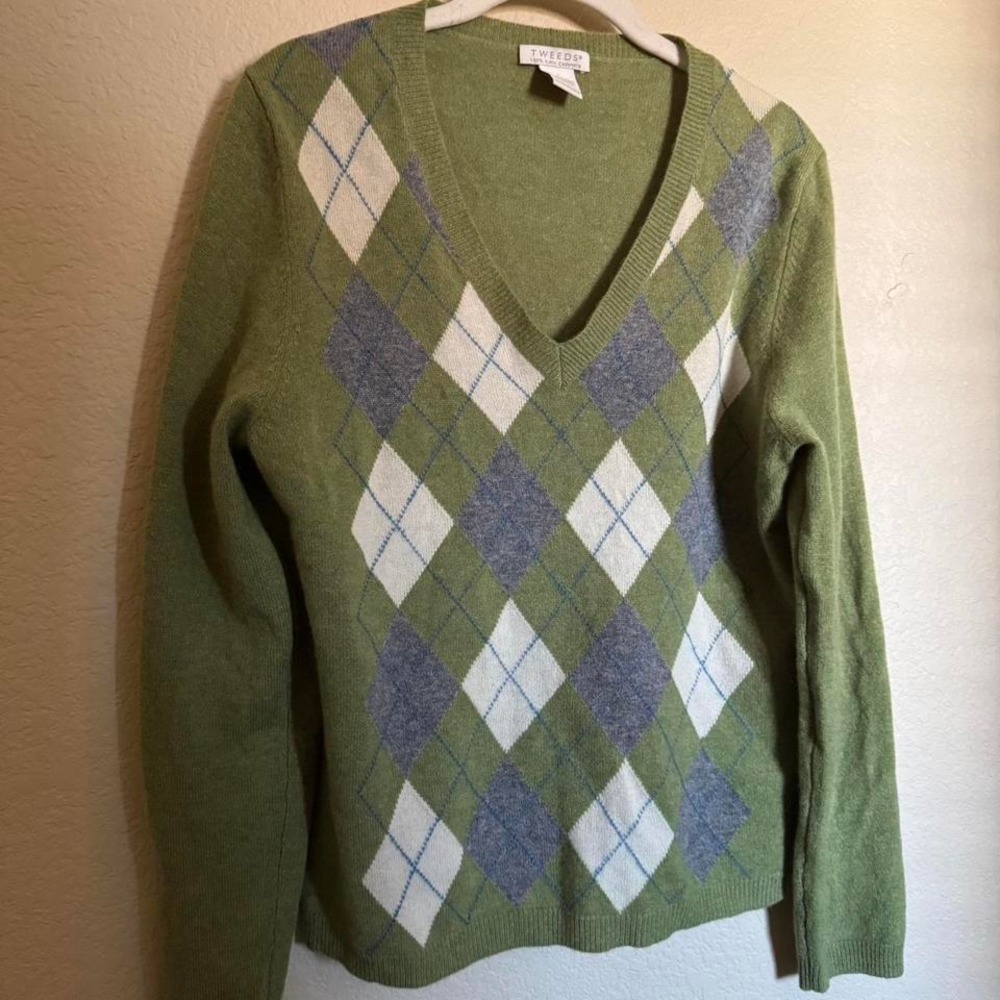 Tweeds Ply Cashmere Diamond Argyle Plaid V Neck Sweater Sz L in Green Fine Knit‎